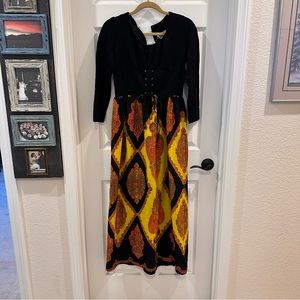 Domino 1970s Vintage lace-up yellow orange, black Paisley Maxi dress